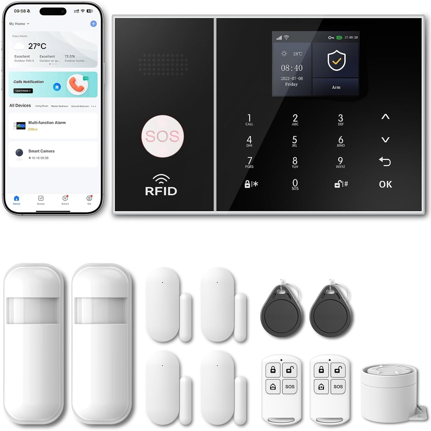 Security Alarm System 99+3 Zone Auto Dial Wifi+Gsm/4G Home Burglar Security Wireless GSM Alarm System Detector Sensor Kit Remote Control,Smart Life Tuya APP,NO Monthly Fees